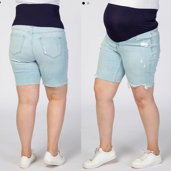 PinkBlush Denim Plus Size Distressed Light Wash Maternity Bermuda Shorts - Picture 2 of 9